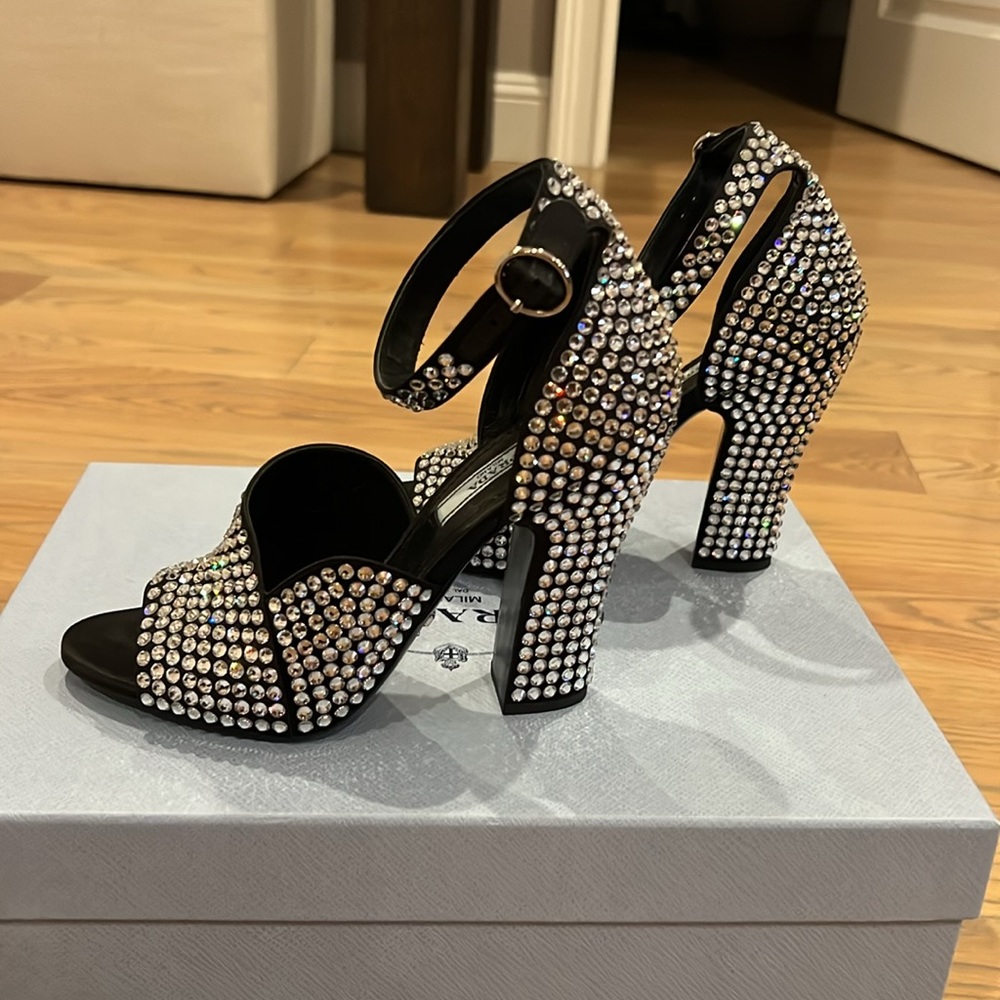 PRADA
Crystal Satin Ankle-Strap Sandals Size 36